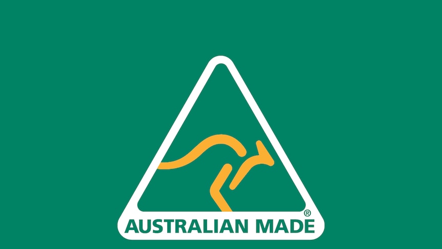 The green and gold Australian Made logo, a yellow outline of a kangaroo is pictured in a white triangle