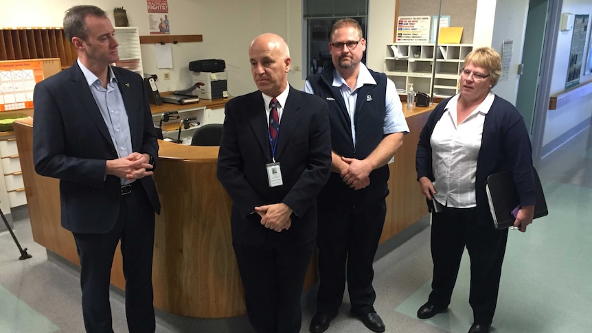 Tasmanian health minister Michael Ferguson meets staff  in Launceston.