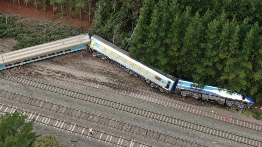 An aerial view of a Sydney-to-Melbourne train that derailed near Wallan on February 20, 2020.