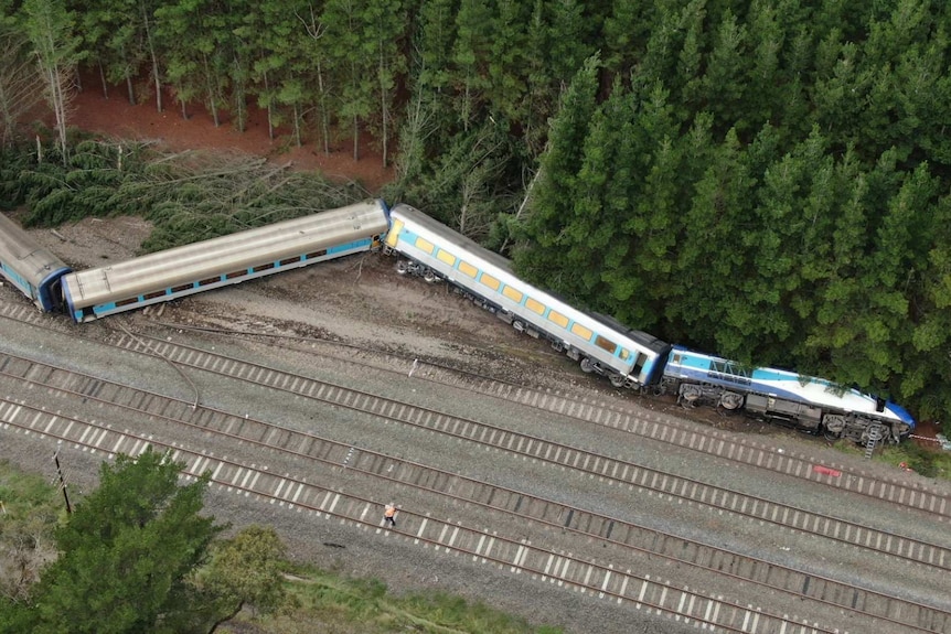 An aerial view of a Sydney-Melbourne train which derailed near Wallan on February 20, 2020.