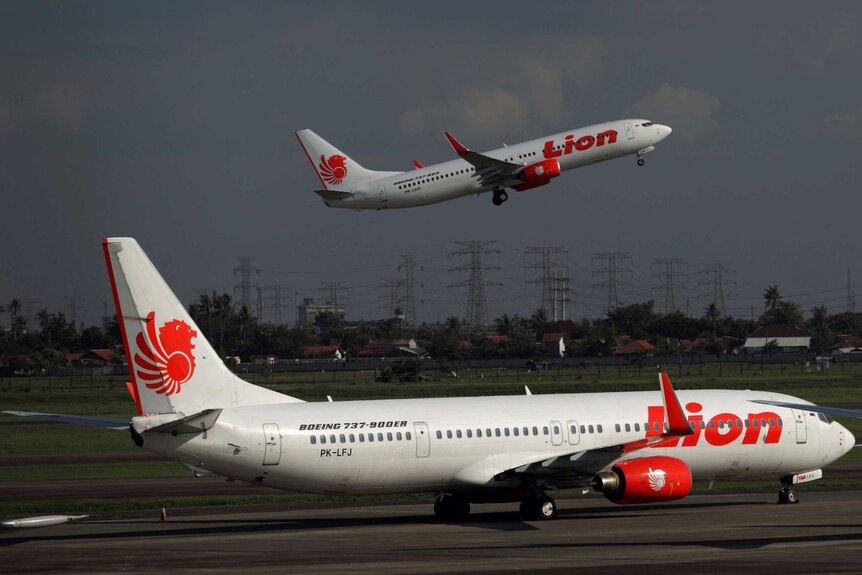 A Lion Air plane takes off at Soekarno-Hatta airport.