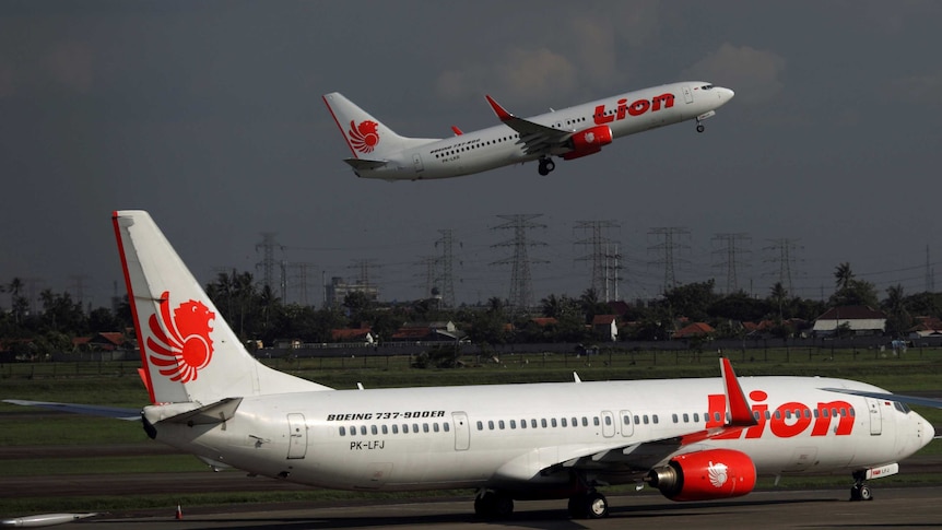 A Lion Air plane takes off at Soekarno-Hatta airport.