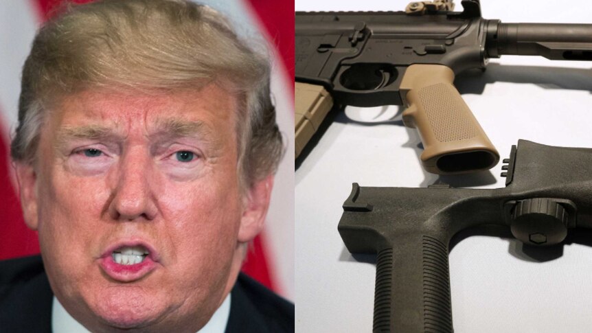 A composite image shows a head shot of Donald Trump and a bump fire stock that attaches to a rifle.