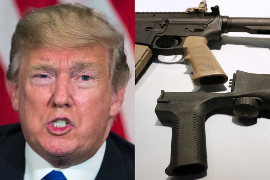 A composite image shows a head shot of Donald Trump and a bump fire stock that attaches to a rifle.