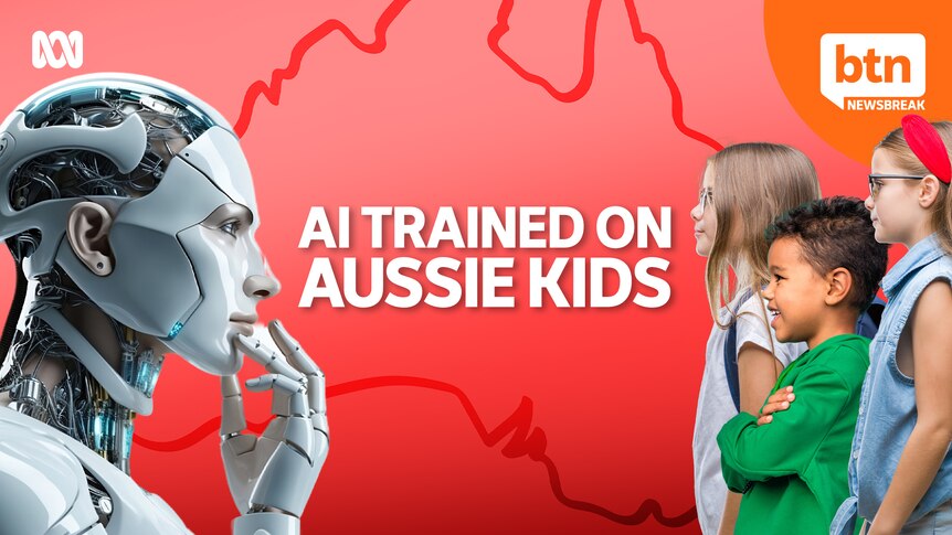 Image of three children looking towards a robot with the words AI trained on Aussie kids.