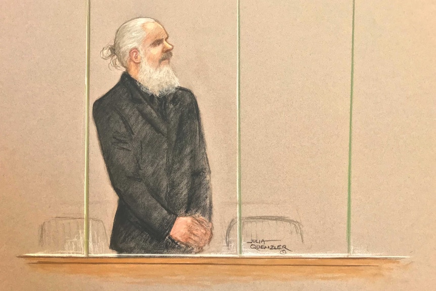 A sketch of a man with long white hair and beard, wearing a black suit.