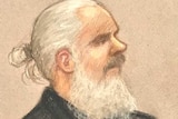 A sketch of a man with long white hair and beard, wearing a black suit.