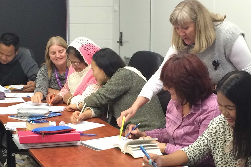 An English reading and writing class at a Federation Training facility in Sale, in Gippsland.