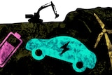 Illustration showing brightly-coloured icons for a battery, electric car, and wind turbine underneath a mine.