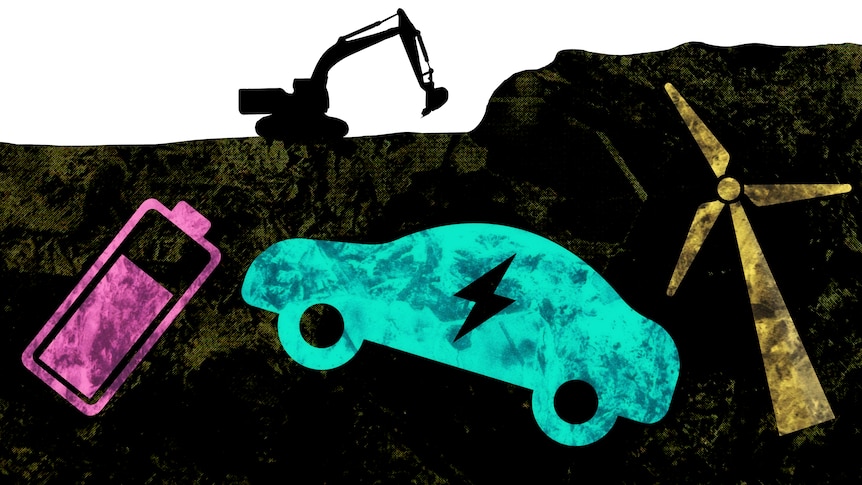 显示的插图矿井下的电池、电动汽车和风力涡轮机的颜色鲜艳的图标。” class=