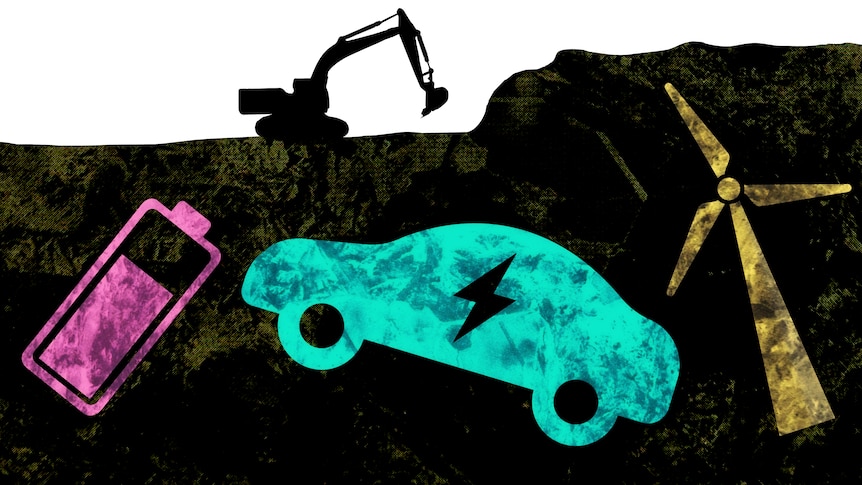 Illustration showing brightly-coloured icons for a battery, electric car, and wind turbine underneath a mine.