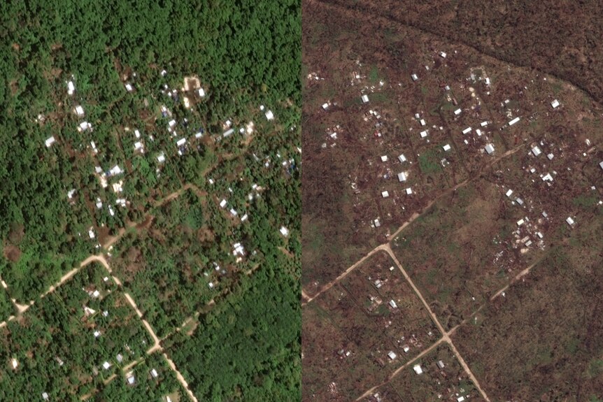 A split image shows a lush area with houses and the same area with destroyed forest and houses.