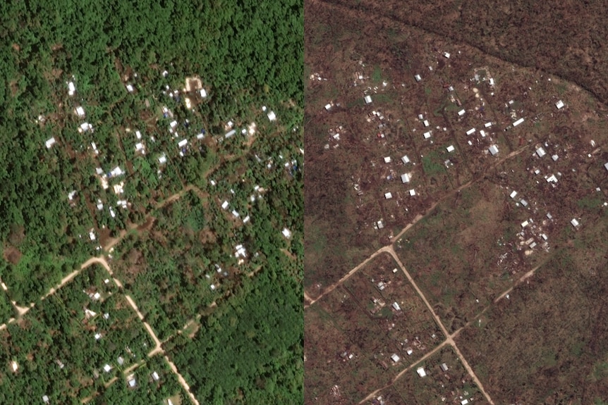 A split image shows a lush area with houses and the same area with destroyed forest and houses.