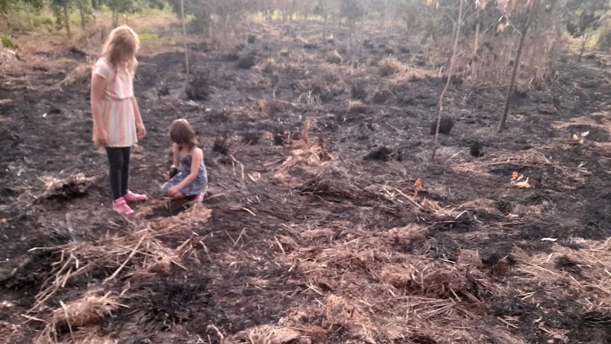 Two children stand on burnt grassy ground 