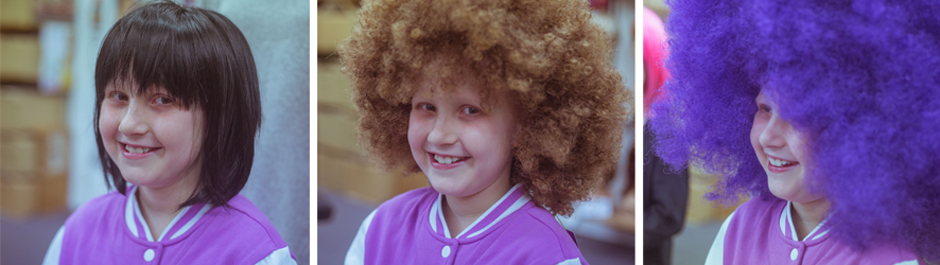 Three photos of Eva trying on different styles of wigs.