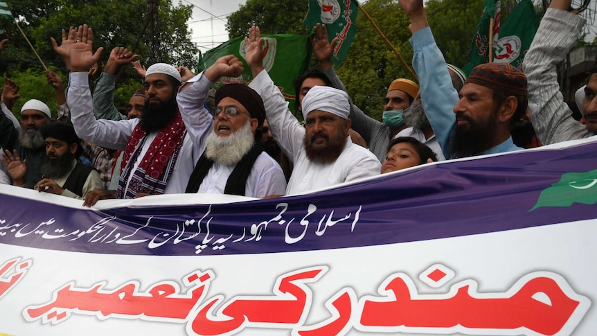 Activists protest against the construction of a Hindu temple in Islamabad