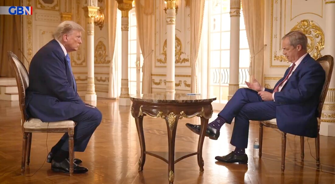 Donald Trump and Nigel Farage sit opposite one another in an ornate room.