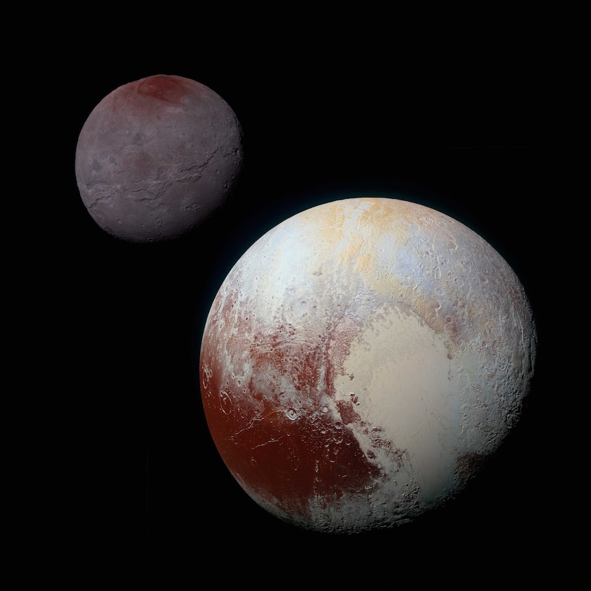 An enhanced-colour image of Pluto with its moon Charon in the background
