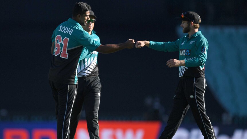 Two New Zealand cricketers bump fists as they celebrate a wicket in an ODI in an empty stadium.