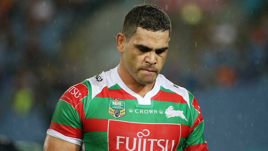 Greg Inglis of the Rabbitohs walks off the pitch in a round one loss to Wests Tigers in March 2017.