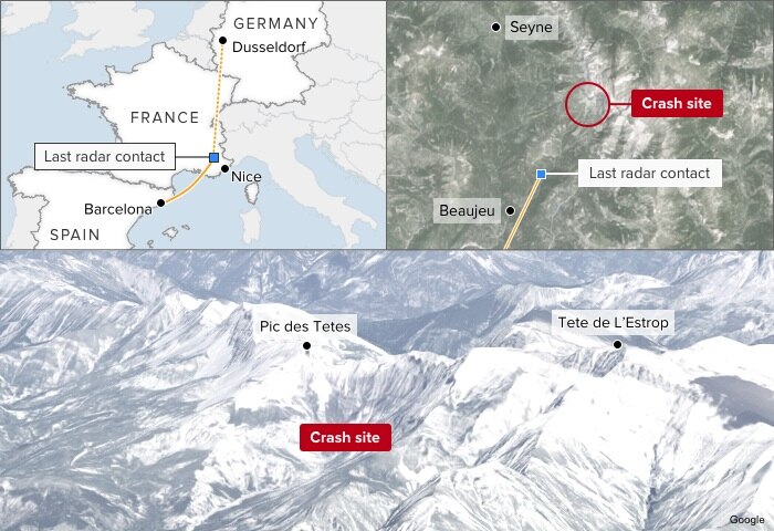 Map: Germanwings flight 4U 9525 crashed north-west of Nice in France, en route from Barcelona to Dusseldorf.