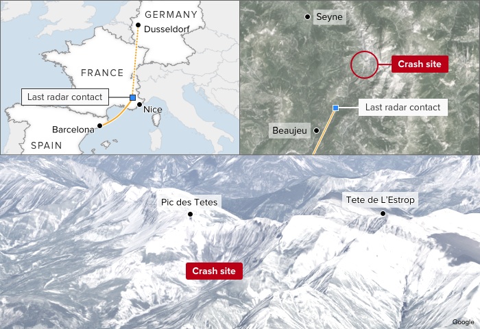 Map: Germanwings flight 4U 9525 crashed north-west of Nice in France, en route from Barcelona to Dusseldorf.