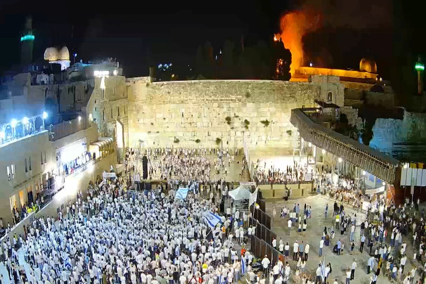 A blaze is seen at the Al-Aqsa mosque compound in Jerusalem.