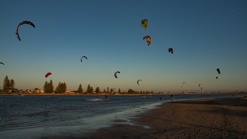 Kite surfers over the beach at sunset