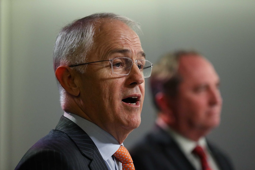 Turnbull speaks while Barnaby Joyce is in the background