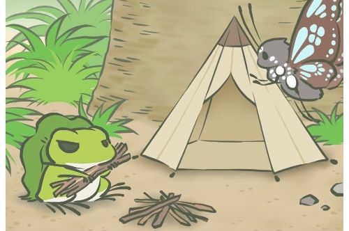 Screen shot from Travel Frog. The frog is building a campfire, while a butterfly pitches a tent.