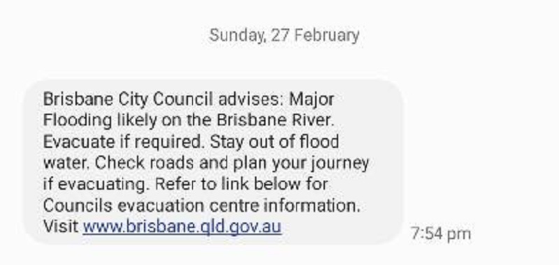 Text from mobile phone alert system about Brisbane flood