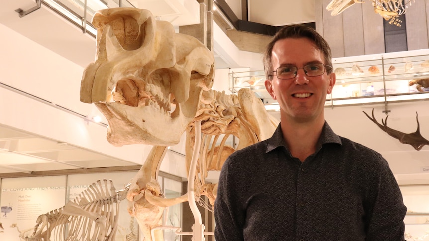 Man stands in front of articulated skeleton 