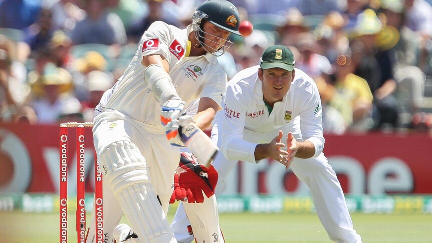 James Pattinson hits a six against South Africa.