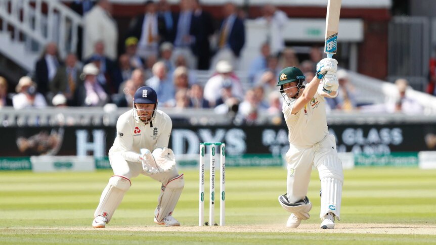 Steve Smith flicks the bat after a handsome cover drive at Lord's