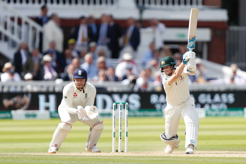 Steve Smith flicks the bat after a handsome cover drive at Lord's