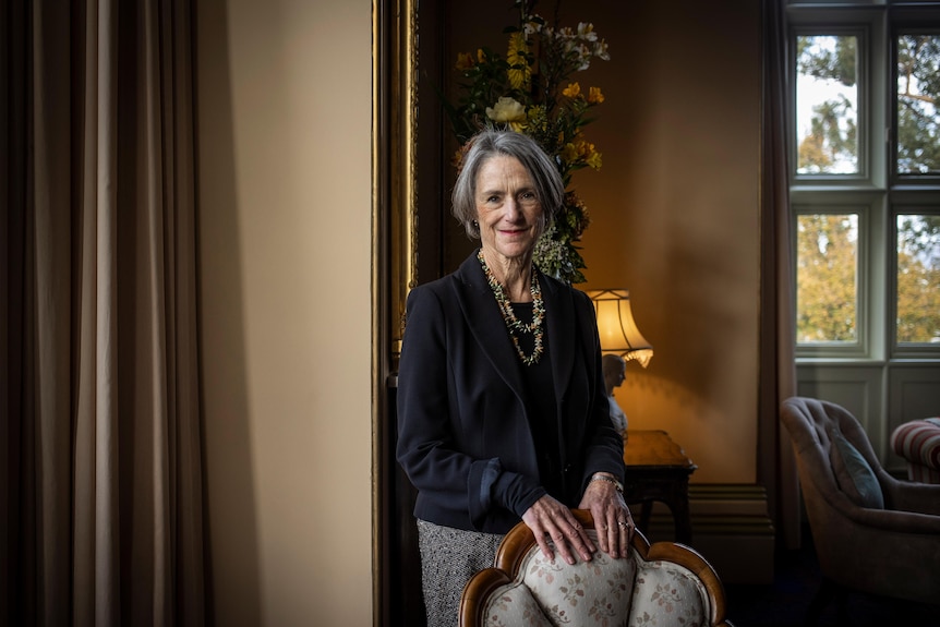 A woman with silver hair stands in a room next to a painting