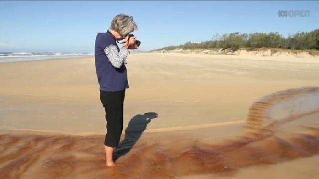 Woman stands on beach and takes photo of ground