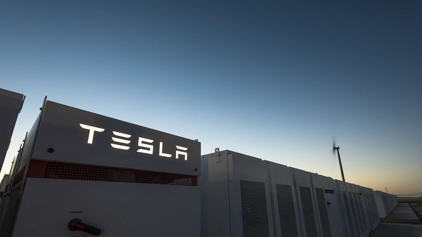 A shot of the tesla powerpack with the company logo visible.