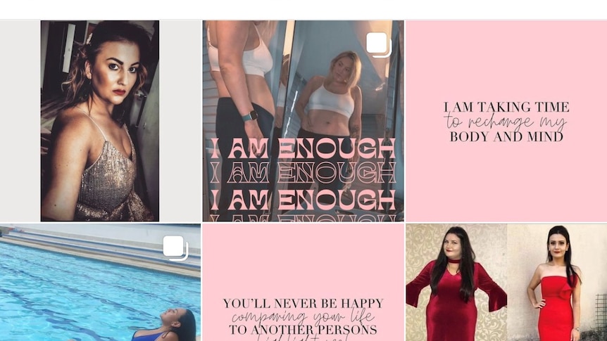 A grid of images of women and text under the words #bodypositivity.