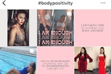 A grid of images of women and text under the words #bodypositivity.
