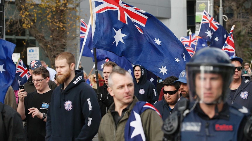 Members of the far-right march in 2017 in Melbourne