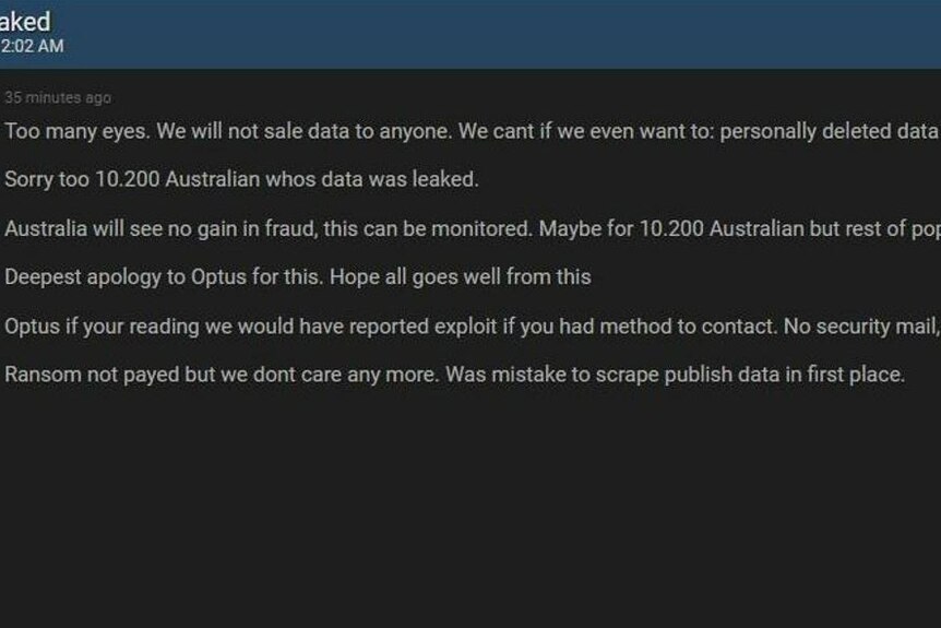 A screenshot of a user claiming to be selling data collected from the Optus cyber attack apologising and withdrawing the ransom.