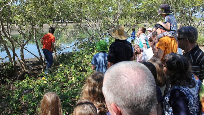 A circle of families stand watching a man who is walking through a mangrove toward an electronic sensor.