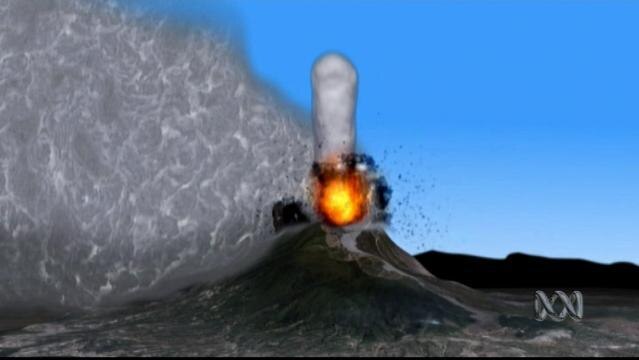 Computer graphic of an erupting volcano