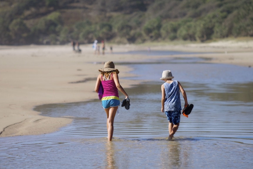 A young girl and a young boy walk in ankle deep water along a beach