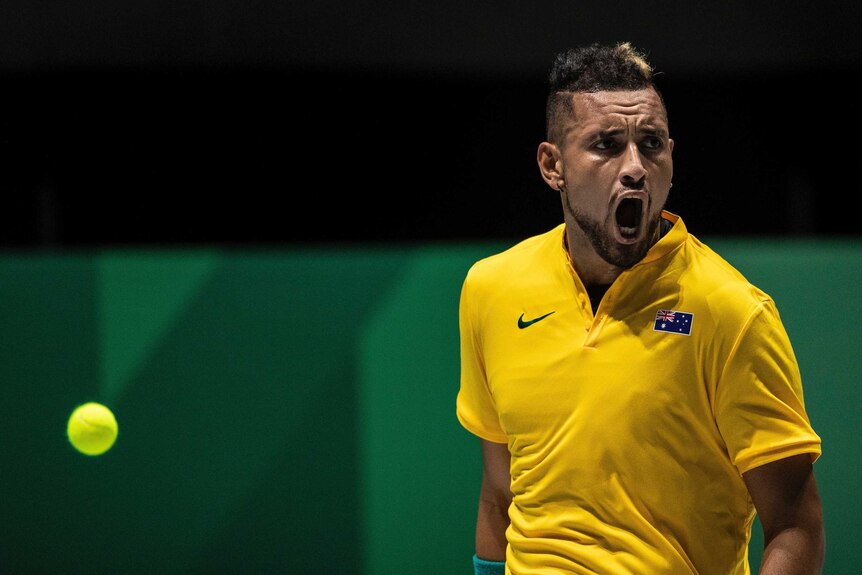 Australia's Nick Kyrgios celebrates a point against Colombia's Alejandro Gonzalez