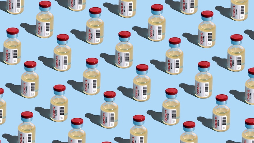 Repeated covid-19 vaccine vials on a blue background.