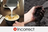 composite image coffee being poured with coal on the other side. claim is incorrect