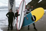 Charley Rico has started a surf club with her neighbours Brooke (middle) and Hugh (right) at Tasmania's Park Beach