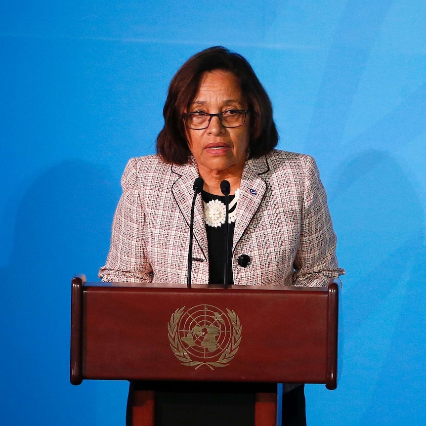 Marshall Islands' President Hilda Heine speaks at a podium at the Climate Action Summit at the United Nations in New York.